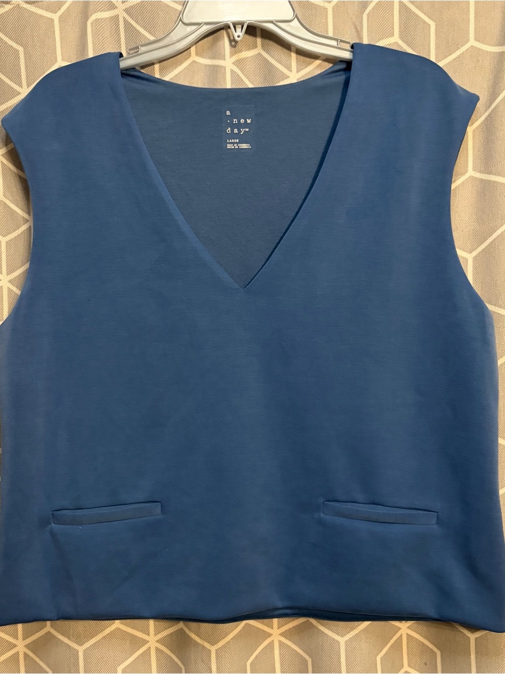 a new day Deep Blue V-Neck Sleeveless Tank with Front Welt Pockets